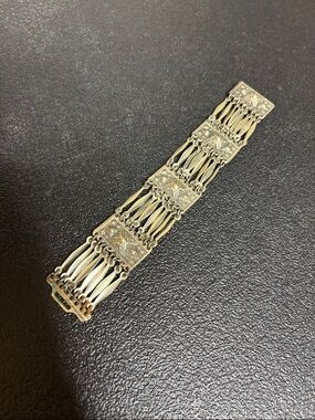 Taxco Mexico Silver Intricate Floral Panel Link Wrap Bracelet Panel